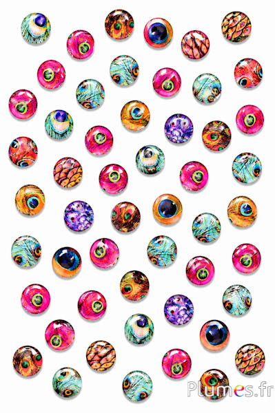 Glas-Cabochons Pfauenfeder-Motiv - Ø 10 mm - mehrfarbig